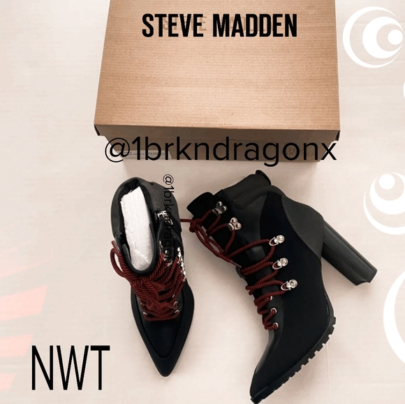 NWT Black Red Lug Sole Block Heel Lace Up Illusion Booties Boot Boots - Picture 8 of 16